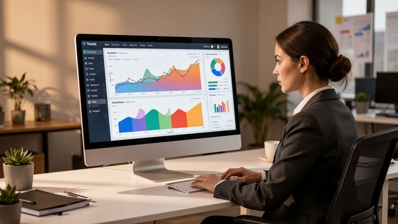 Focused business analyst in modern office examines colorful charts and patterns on angled AI-powered dashboard screen, spotting sales trends for data-driven decisions. Single monitor desk setup with warm lighting, realistic style.