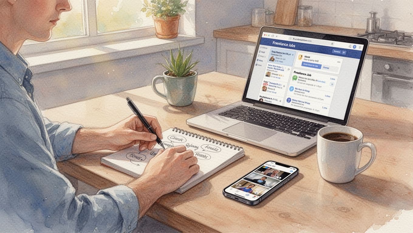 A person at a kitchen table brainstorming ideas on a notepad, surrounded by a phone showing TikTok trends, a laptop with Upwork open, and a coffee mug, in watercolor style with pastel palette and warm light.