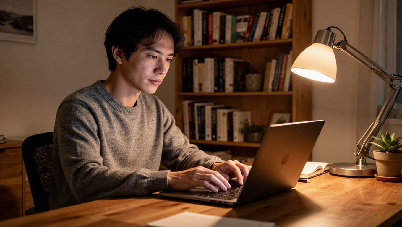 A focused person at a home desk scrolls through a laptop displaying a social media feed of online communities, illuminated by soft desk lamp light with bookshelves in the background, in watercolor style with soft blending.