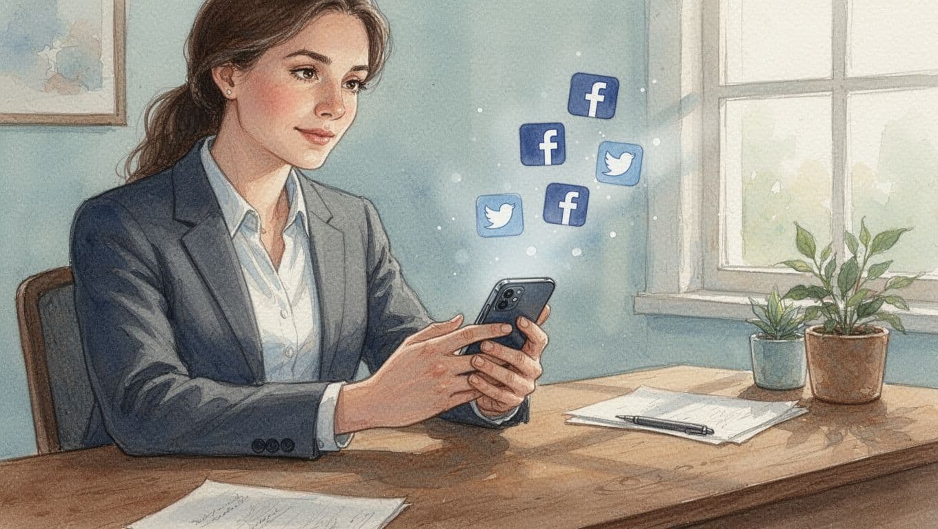Business owner in cozy home office thoughtfully holds smartphone with faint social media icons like TikTok, Instagram, YouTube floating around screen. Watercolor style with soft blending, muted earth tones, warm natural light.