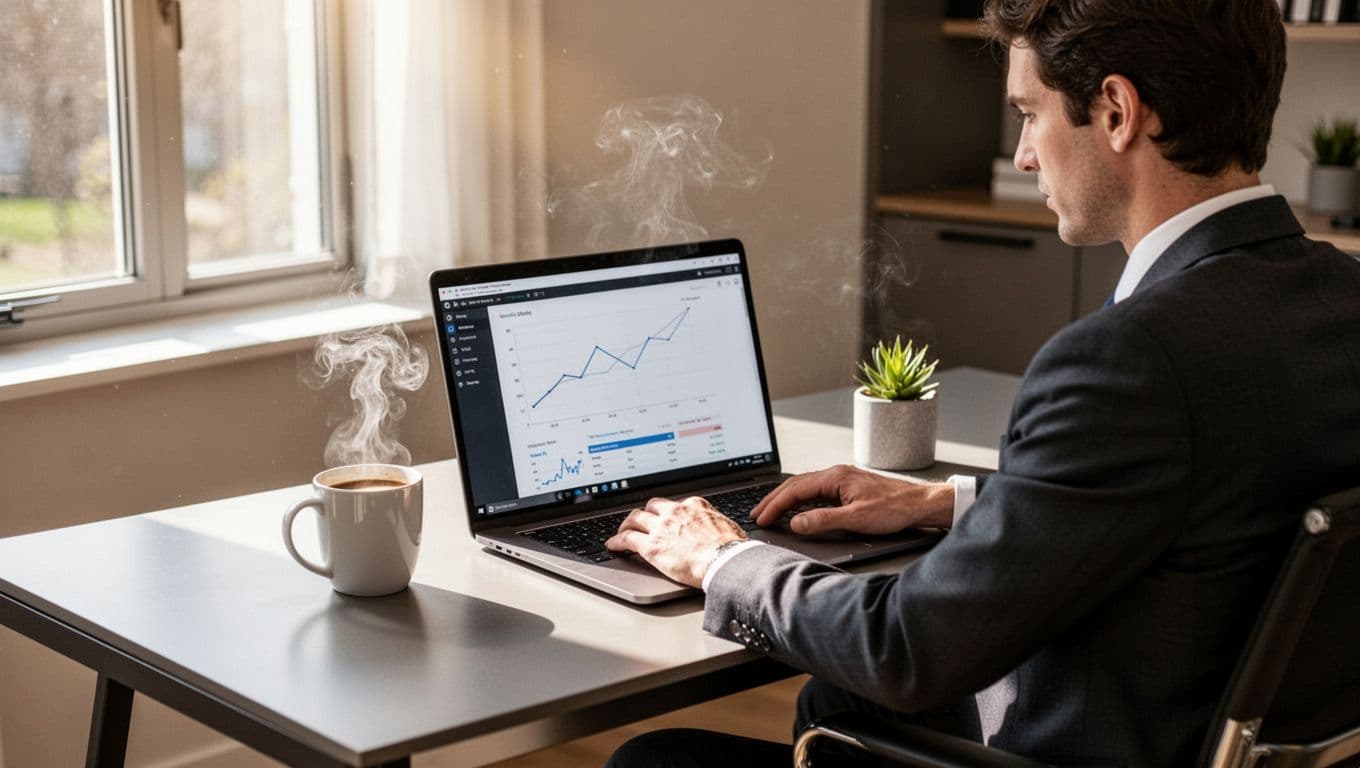 Business owner in a modern home office reviewing budget spreadsheets and cash flow charts on a laptop, tracking income and expenses with simple graphs, coffee nearby, natural daylight, realistic photo.