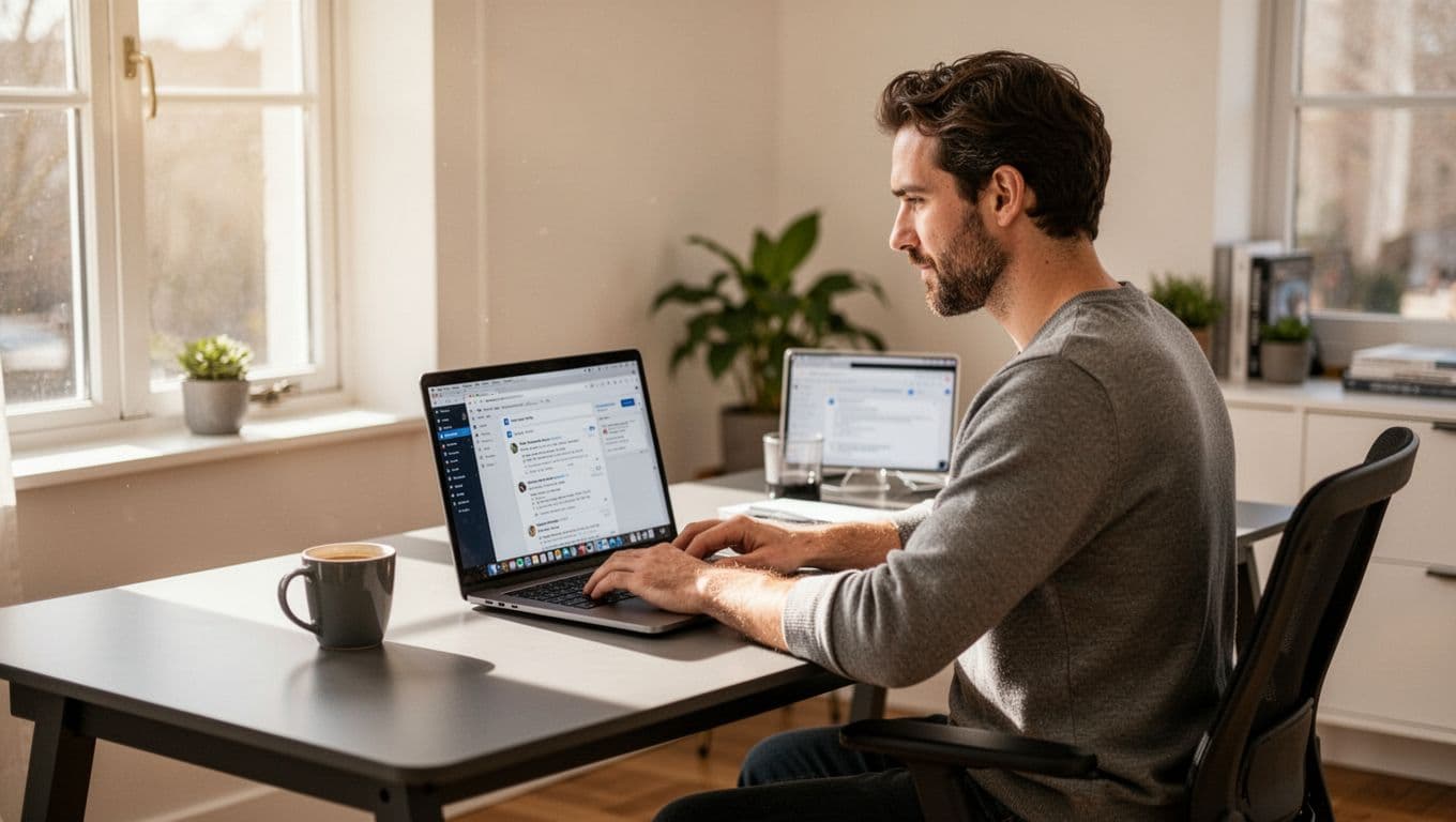 Business owner sitting at a modern desk in a bright home office, working on laptop with Instagram feed, email composer, and SEO keyword tool tabs open, relaxed hands on keyboard, coffee mug nearby, natural daylight through window.