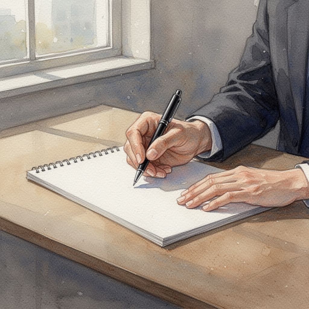 A focused business owner at a simple office desk writes SMART goals on a notepad with nearby checklist icons, in watercolor style featuring soft blending, visible brush texture, and a warm palette.