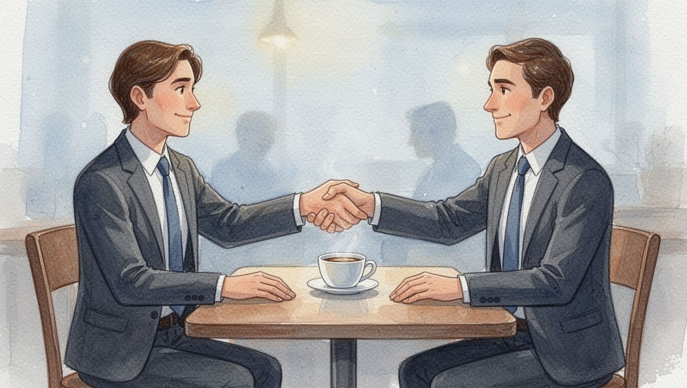 Two local business owners shake hands for a partnership deal at a cafe table, captured in watercolor style with warm interior lighting, soft blending, and visible brush texture.