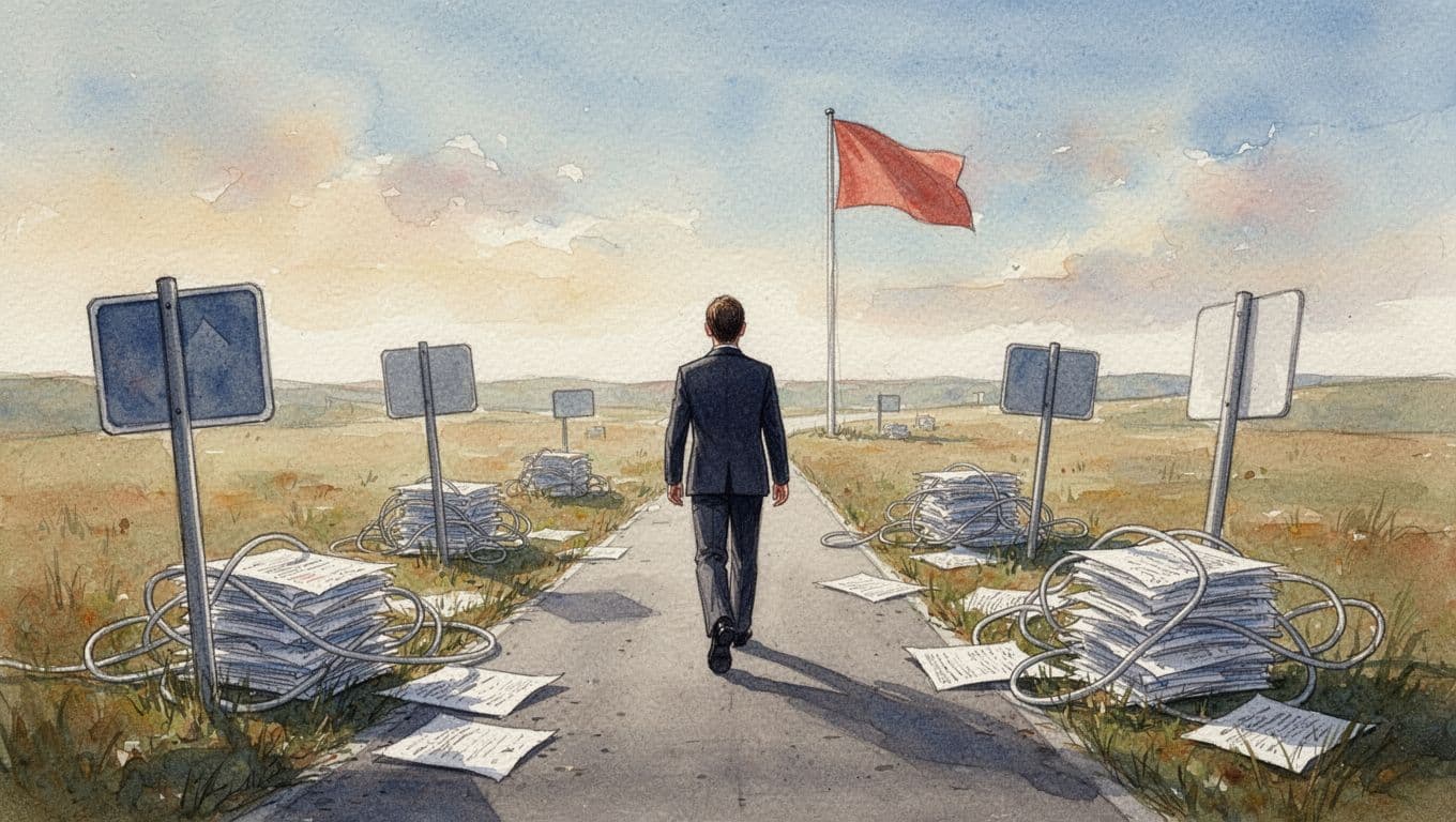 A relaxed business person walks a safe path around pitfalls like vague signs and overload stacks toward a goal flag in a simple watercolor landscape with soft blending and warm palette.
