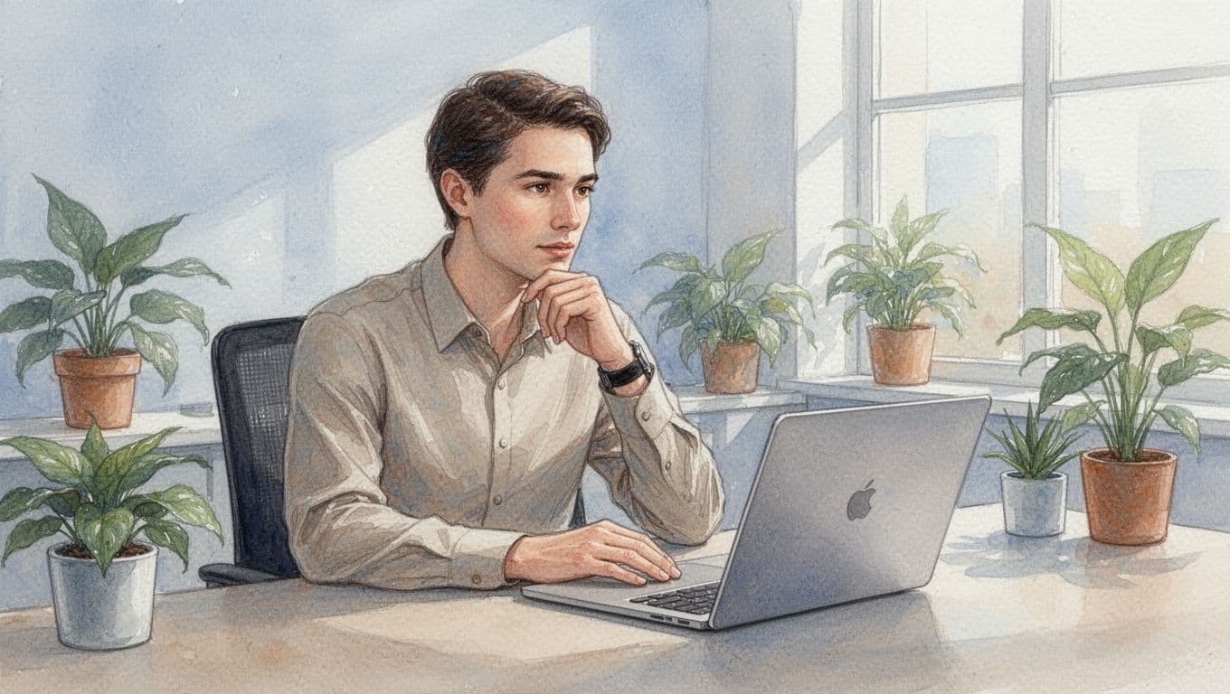One business professional in a relaxed pose with hand on chin listens intently on a video call using a laptop, featuring a simple modern background with plants and soft window light in watercolor style with pale blue and warm beige tones.