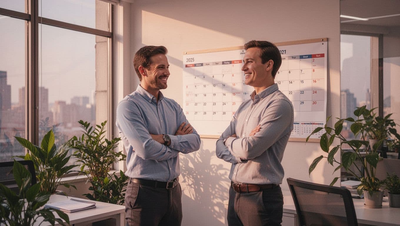 Small business team leader standing relaxed with arms crossed and smiling in a modern office, reviewing a large wall calendar with team member icons, watercolor style with soft blending, pastel palette, and warm indoor lighting.