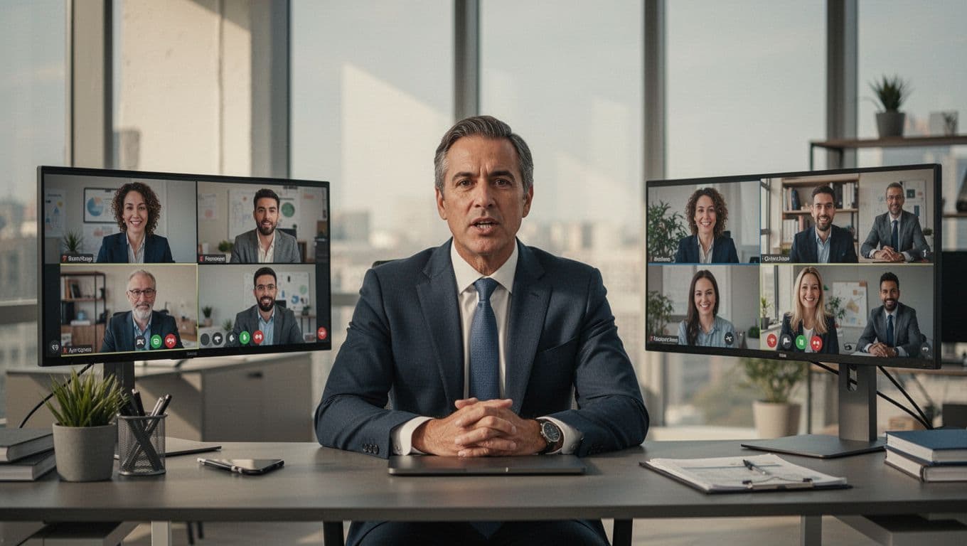 A confident business leader seated at a desk in a modern hybrid office, participating in a video call with remote team members on screens, maintaining composure while discussing ideas amid natural lighting and a professional atmosphere, focused solely on the leader's calm expression.