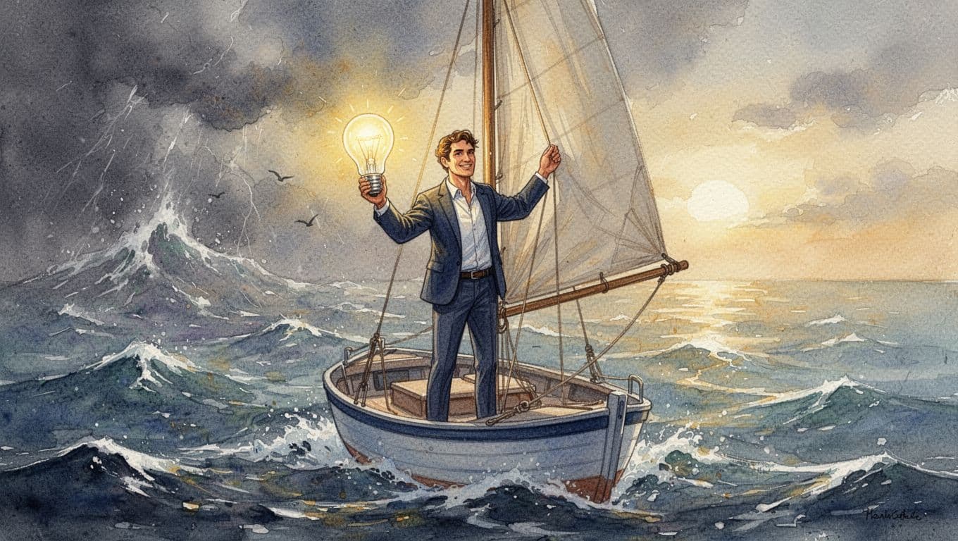 Watercolor illustration of a confident entrepreneur holding a glowing idea bulb for innovation while adjusting a sail on a small boat transitioning from stormy to calm seas, symbolizing key entrepreneurial traits.