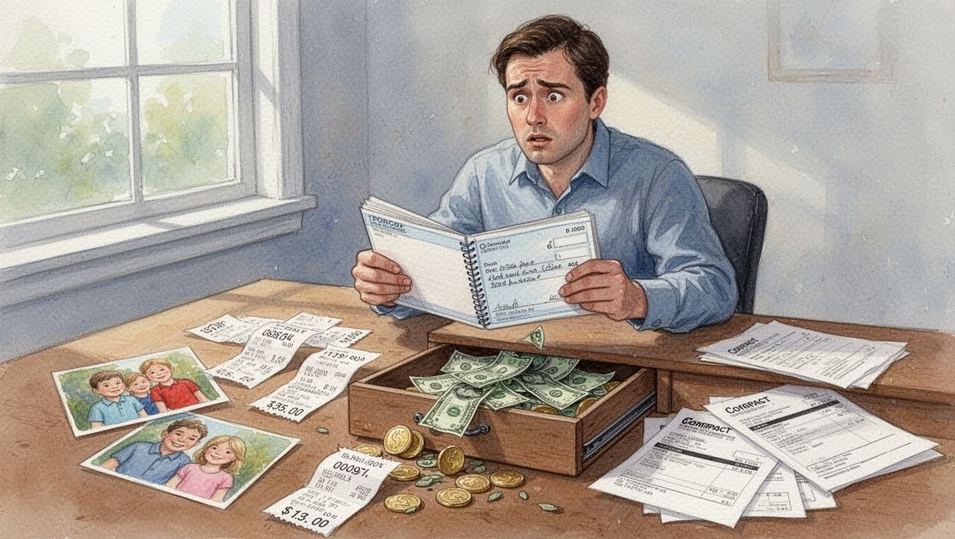 Watercolor style illustration of a small business owner at a chaotic desk surrounded by tangled personal receipts, family photos, business invoices, contracts, and spilling cash, with a confused expression holding a checkbook.