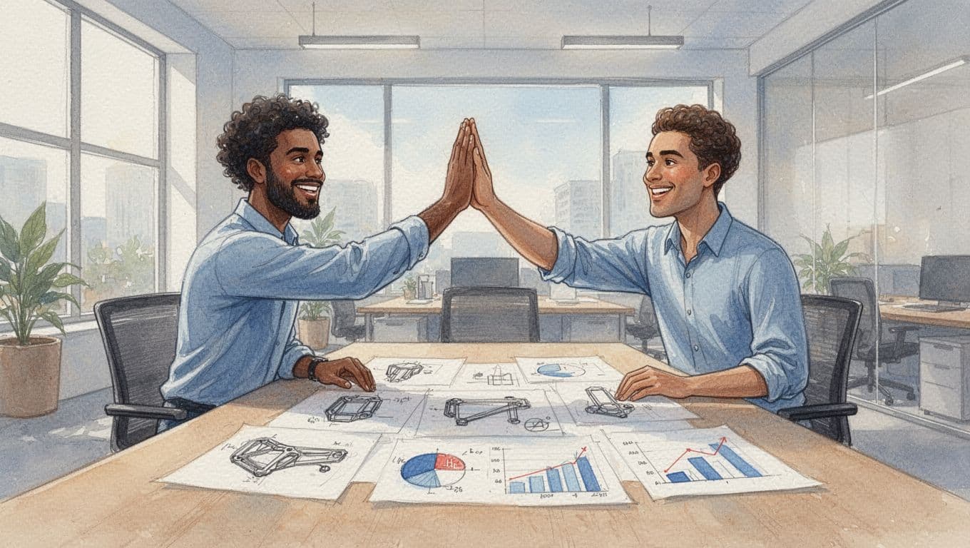 Group of diverse founders high-fiving around a table with prototype sketches and success charts in a celebratory office meeting, watercolor style.