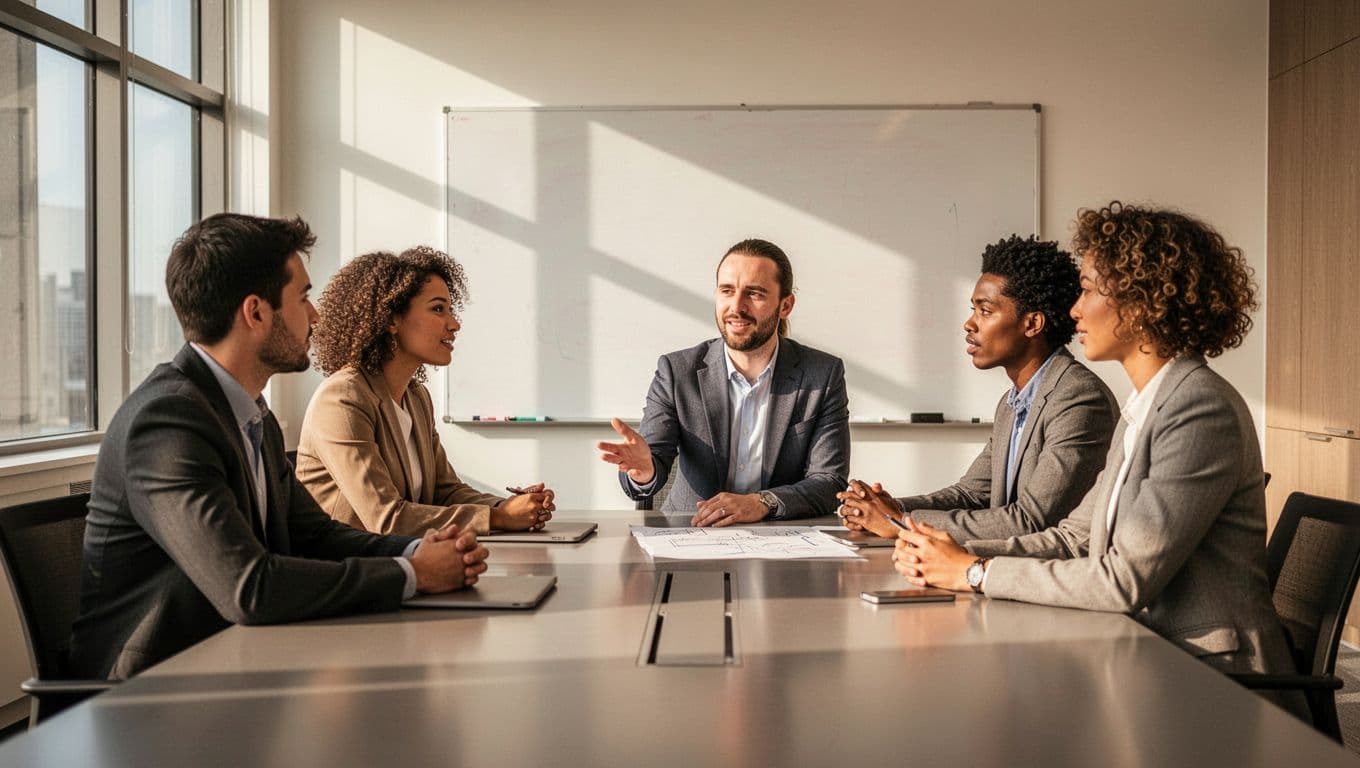 A diverse group of four people in a bright meeting room collaborates around a table, brainstorming ideas on a whiteboard with a leader facilitating open discussion.