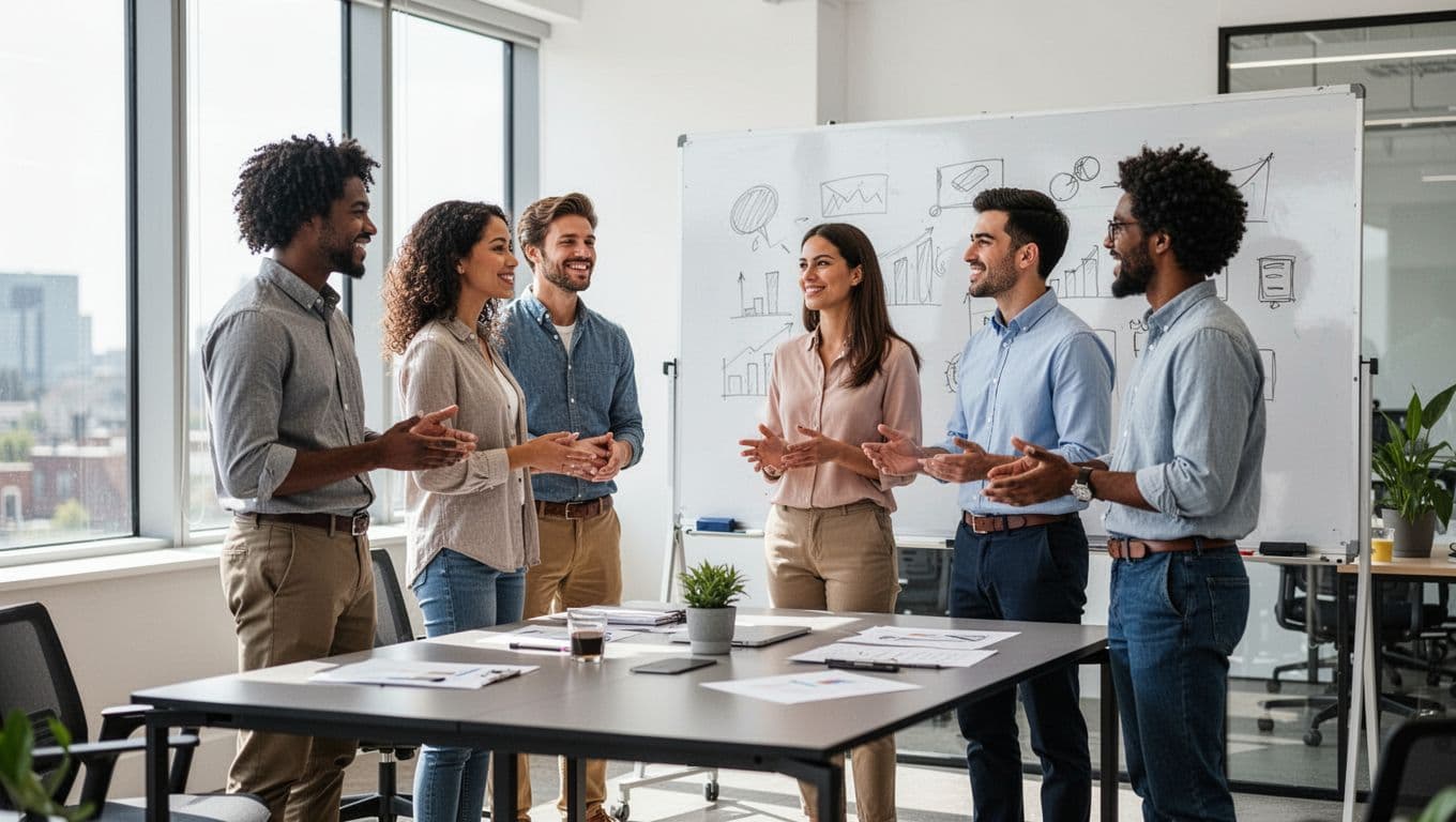 A diverse small team of four in a modern office stands around a table with a whiteboard displaying training notes and scenario plans, engaging in a positive collaborative discussion with relaxed poses and casual business attire under bright natural light.