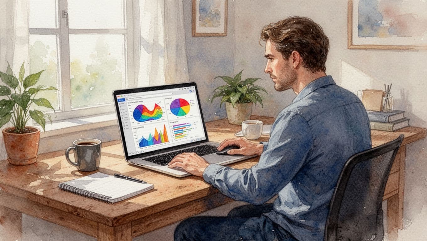 A focused entrepreneur at a wooden desk in a cozy home office analyzes colorful charts and AI-generated insight reports on a laptop screen, with coffee mug and notebook nearby, in watercolor style.