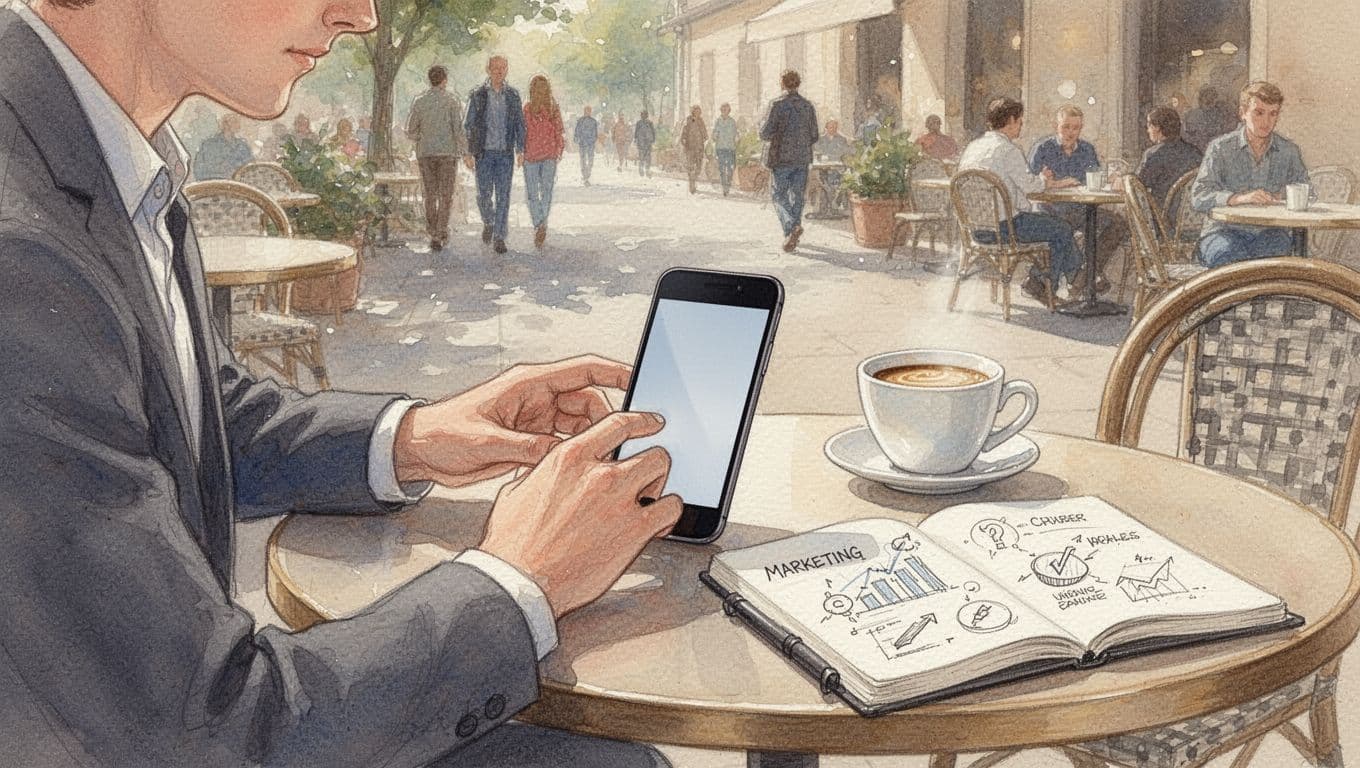 Watercolor-style scene of an entrepreneur at an outdoor cafe table typing on phone for social media post, with notebook sketches of marketing ideas and fresh coffee cup nearby, sunny day with blurred distant people.