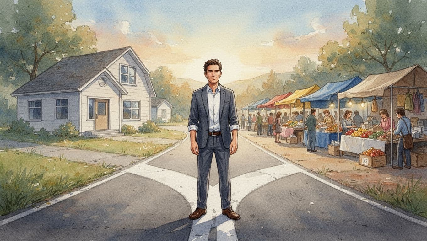 A confident entrepreneur stands at a fork in the road, one path to a safe office building, the other to an exciting open market with opportunities, in watercolor style with soft blending, warm lighting, and landscape composition.