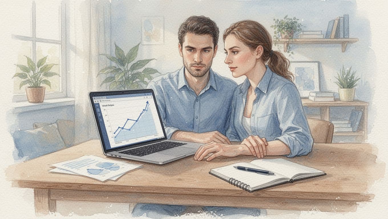 A focused entrepreneur sits at a wooden desk in a cozy daytime home office, viewing a rising Google Trends graph on a laptop indicating product market demand, with notebook and pen nearby, rendered in watercolor style with pale blue and warm beige tones.