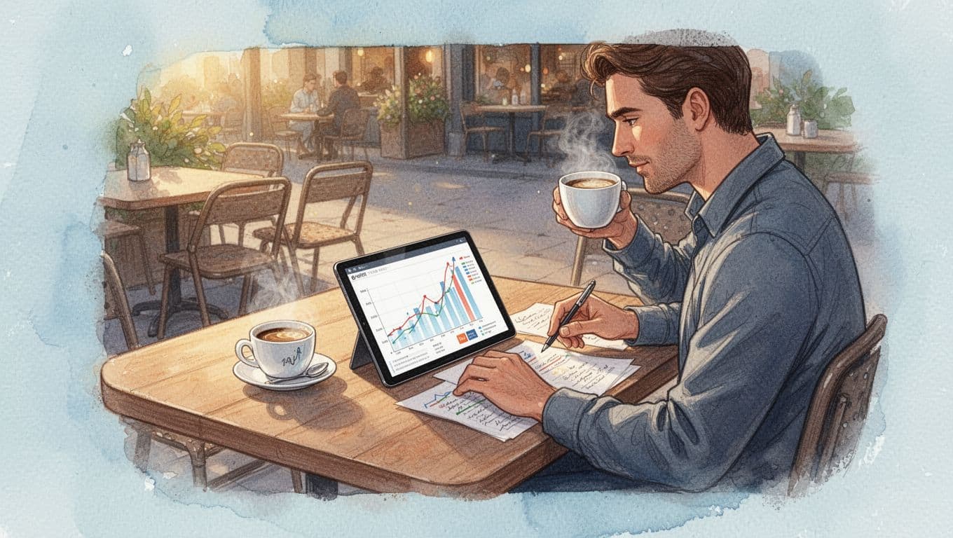 Watercolor illustration of an entrepreneur reviewing profit charts on a tablet at an outdoor cafe table, planning business growth with coffee and notes in golden hour light.