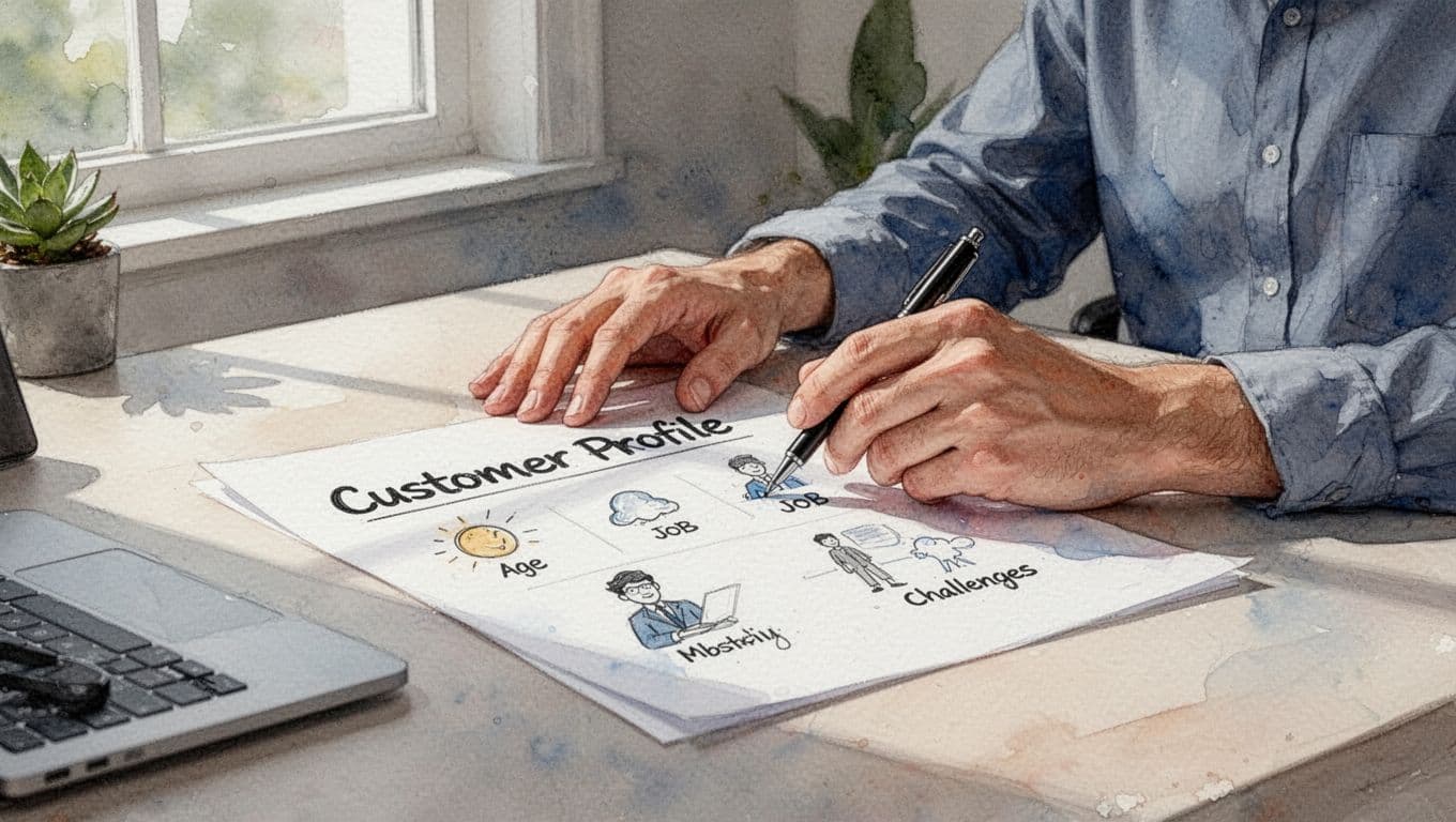 A focused entrepreneur at a desk sketches a customer profile on paper with simple icons for age, job, pains, and online spots in a cozy home office. Watercolor style features soft blending, visible brush texture, natural daylight, close-up on hands and paper.