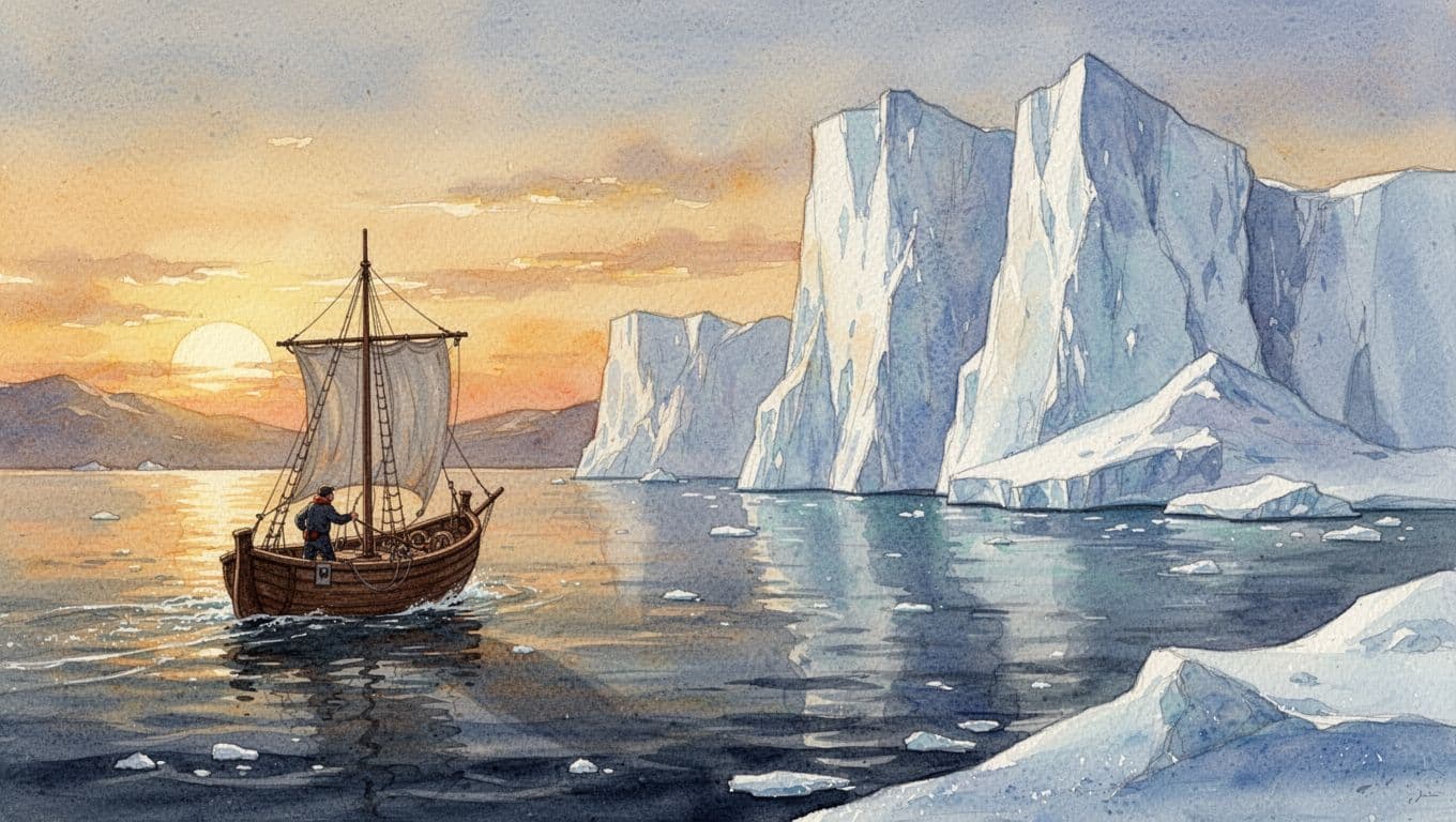 Watercolor style painting of one entrepreneur steering a small wooden ship safely past large icebergs in a calm sea under warm sunset lighting, with soft blending and visible brush texture.