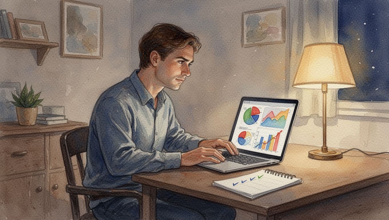 An excited entrepreneur in a simple home office setup reviews survey feedback and ad results on a laptop, notepad with checkmarks nearby, rendered in watercolor style with soft blending, earth tones, and evening lamp light.