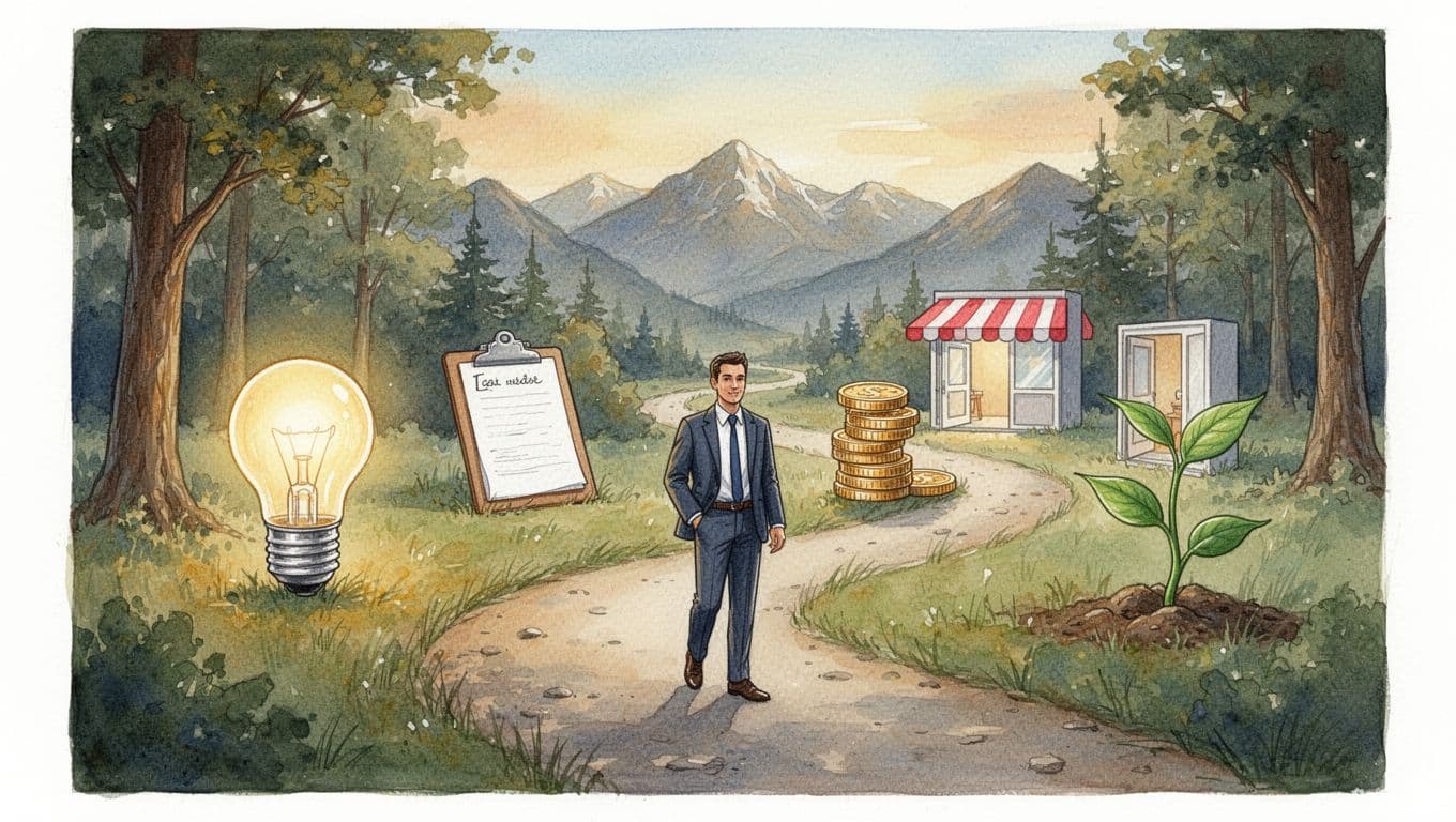 A confident entrepreneur walks a winding scenic trail featuring five symbolic milestones: lightbulb for ideas, clipboard for planning, coin stack for funding, storefront for launch, and growing plant for growth, set against trees and mountains in watercolor style with warm golden lighting.