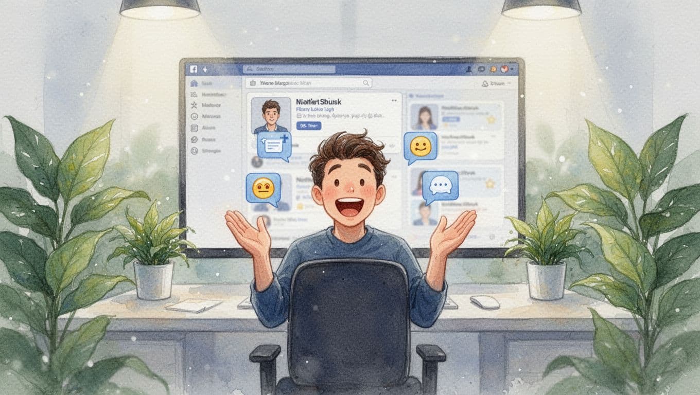 Watercolor style image of an excited creator posting on a blurred Product Hunt-style launch page in a modern workspace with plants, subtle notifications popping, bright motivational lighting, centered action shot with soft blending and brush texture.