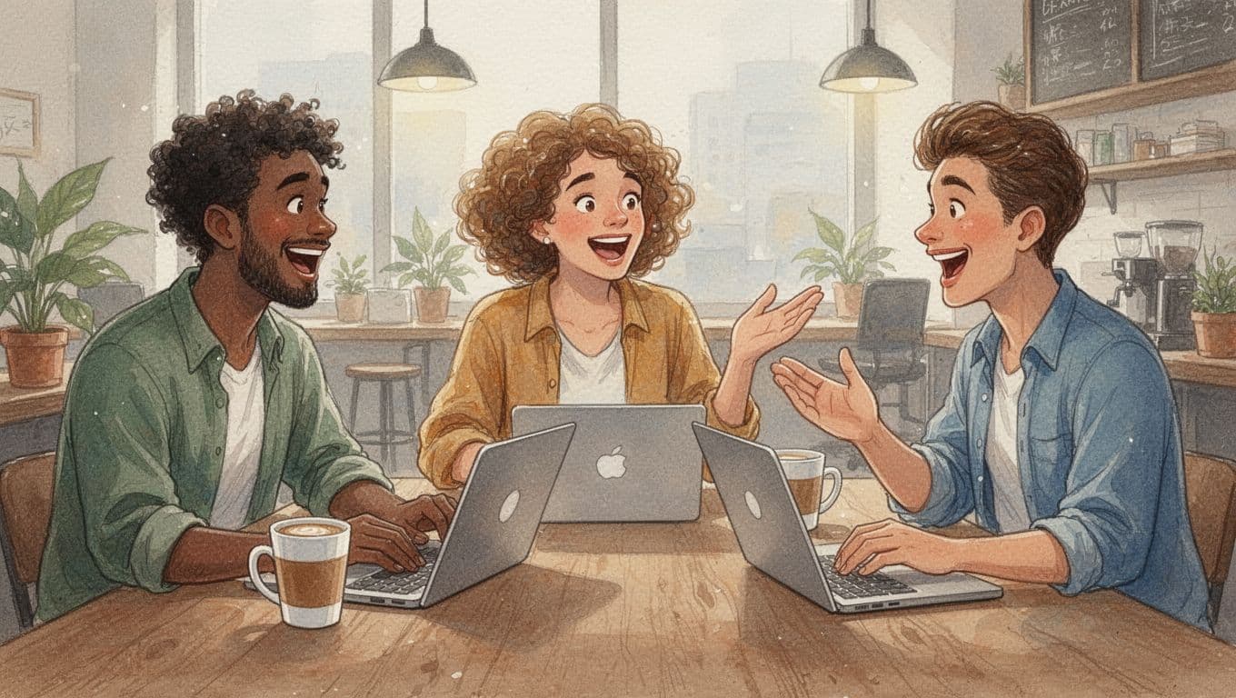 Watercolor illustration of a diverse group of three customers excitedly chatting around a table with laptops and coffee cups in a casual cafe setting, featuring soft blending, warm tones, and enthusiastic facial expressions.