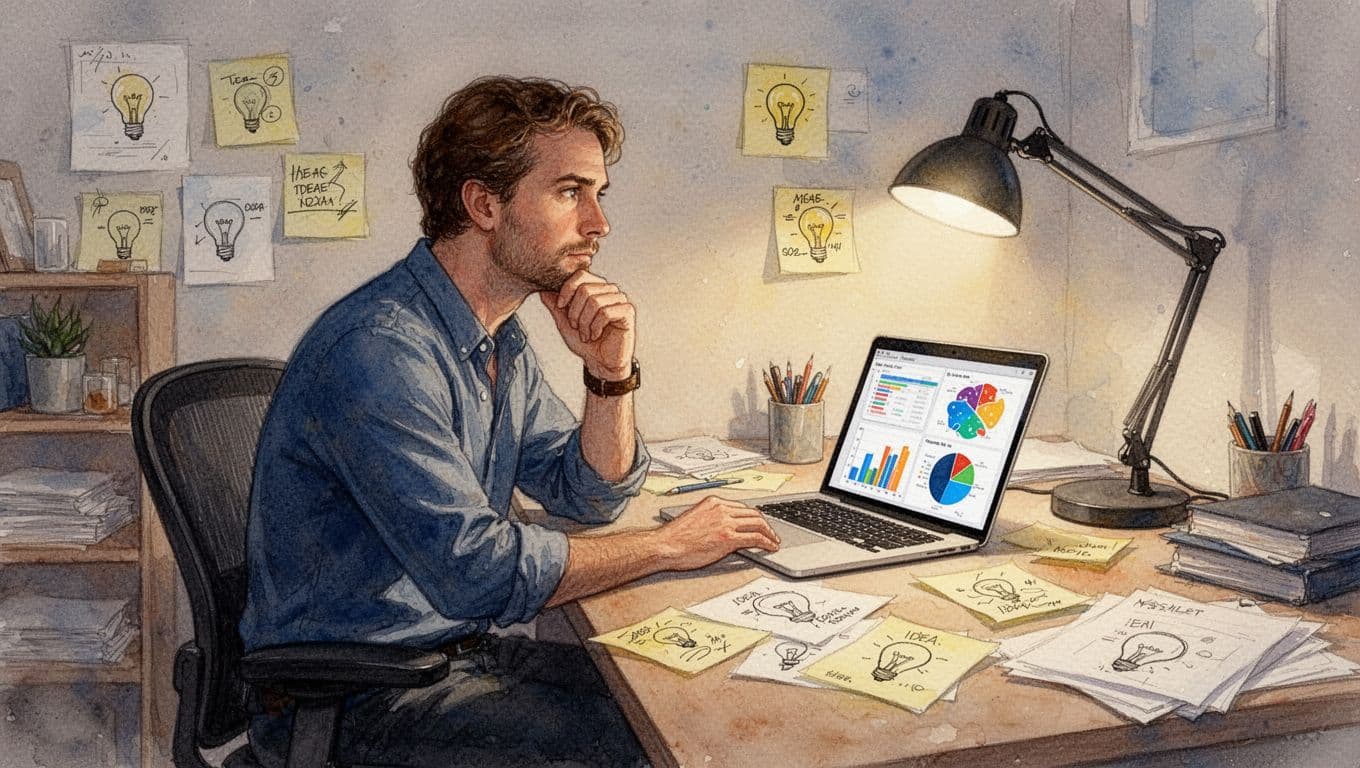 A determined founder sits thoughtfully at a cluttered desk in a cozy home office, surrounded by sticky notes with sketches and a laptop displaying customer feedback, illuminated by soft lamp light in watercolor style.