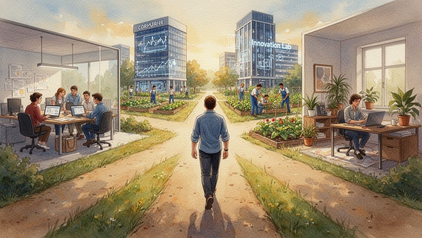 Watercolor illustration depicting four paths diverging from a central point, each representing a different entrepreneurship style: bustling startup office, corporate innovation lab, community garden project, and cozy home office, with one confident person on each path.
