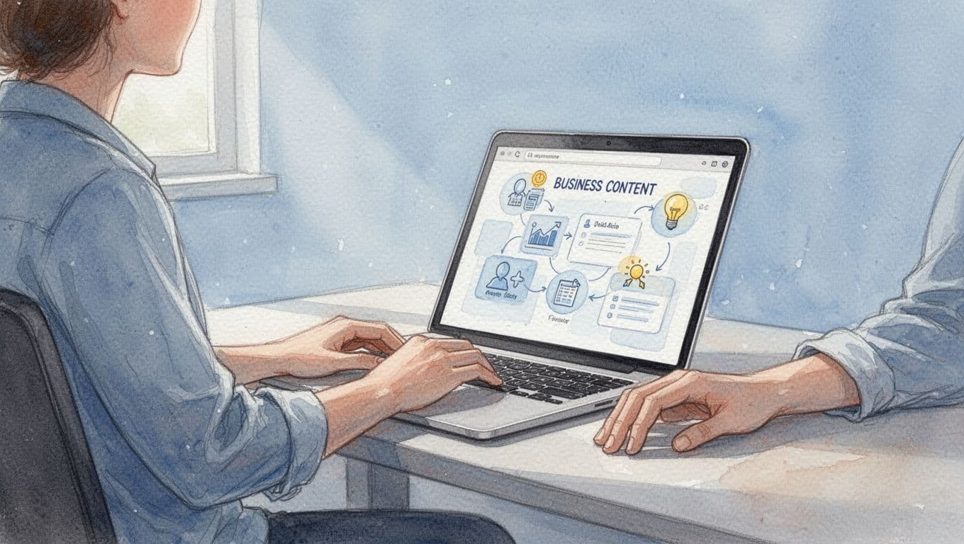 Person at a desk in a simple home office uses a free AI tool on laptop to generate content ideas for business, side view with soft daylight lighting and watercolor style.