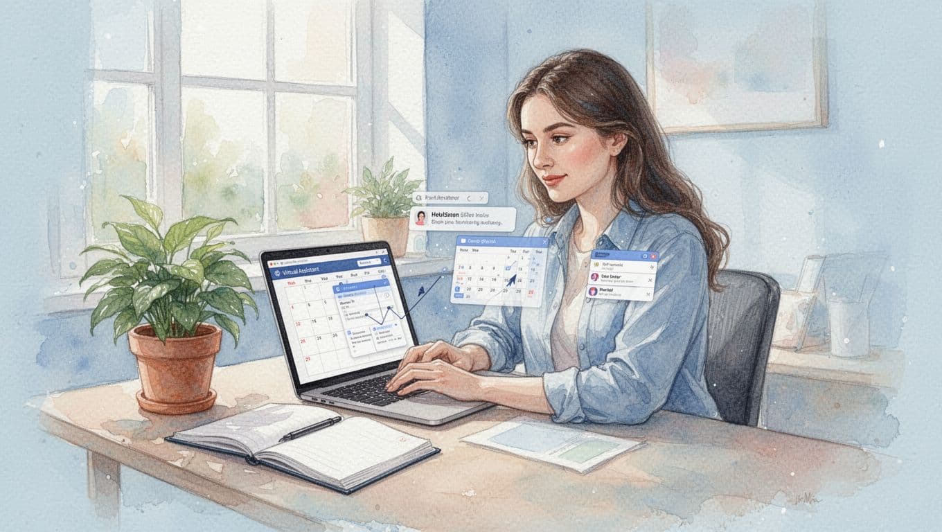 Watercolor illustration of a single freelancer working as a virtual assistant on a laptop, managing calendars and emails in a bright home office with plant and notebook nearby.