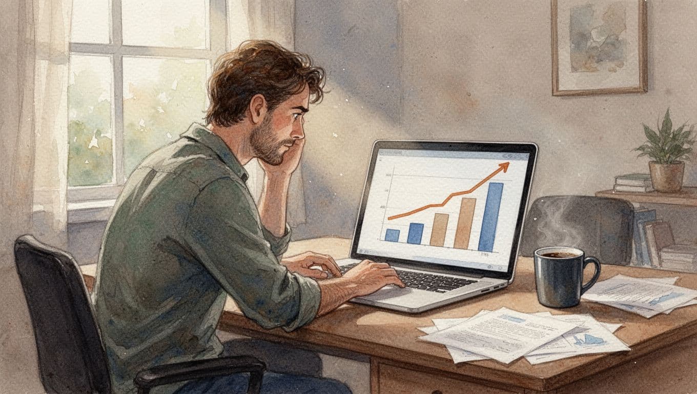 Frustrated small business owner in home office stares at laptop showing rising ad spend and flat sales graphs in red, with scattered papers and coffee mug, in watercolor style with soft blending and earth tones.
