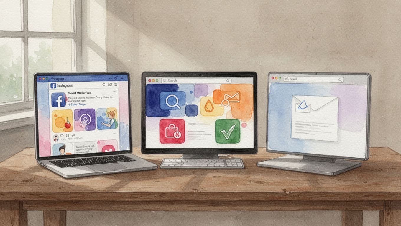 Watercolor-style split scene mockups of social media screens, website, and email on a table showing mismatched brand logos and colors with soft blending, brush texture, muted earth tones, and neutral warm background.