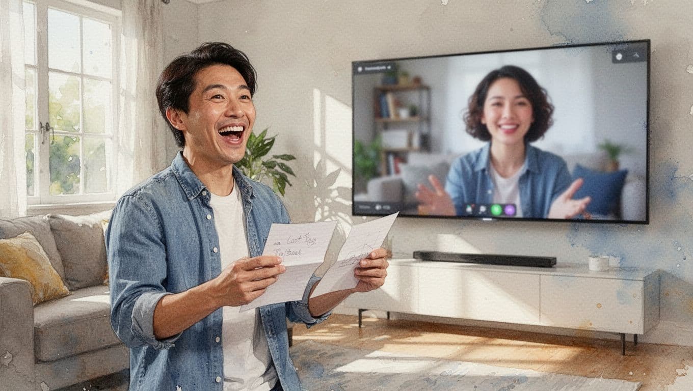 Watercolor-style illustration of a friendly video call in a casual living room, with one person in the foreground pitching a product idea using notes to exactly two people on screen, emphasizing dynamic interaction under soft lighting.