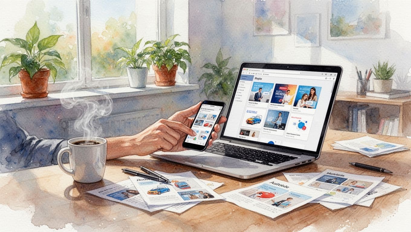 Dynamic watercolor scene of a marketer setting up an ad campaign on phone and laptop amid charts showing quick wins, coffee, and notes in a vibrant home office.