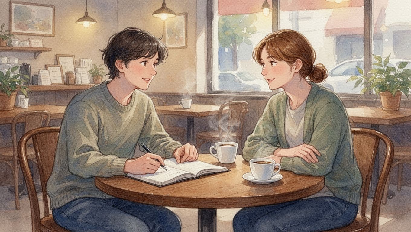 Two people in casual conversation at a wooden cafe table, one taking notes in an open notebook, relaxed postures with coffee cups nearby, in a cozy cafe interior rendered in watercolor style with soft blending.