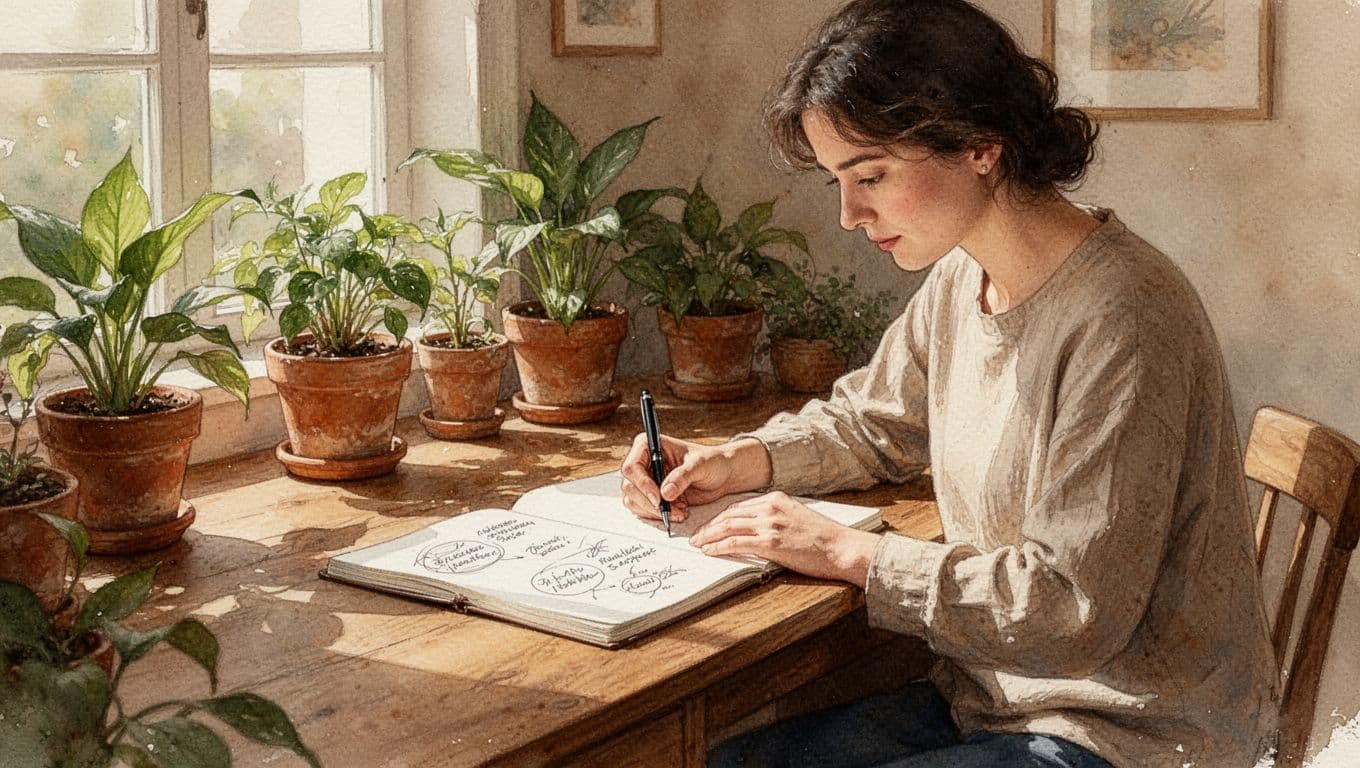 A single person sits relaxed at a cozy wooden desk in a sunlit room filled with plants, thoughtfully writing in an open notebook that lists skills and lightly sketched business ideas, in a watercolor style with soft blending, brush textures, and warm earth tones.