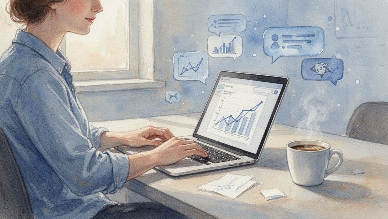 A relaxed person types on a laptop in a creative desk setup with coffee, surrounded by floating icons of free tools like forms, graphs, and AI chat bubbles, in watercolor style with pale blue and warm beige tones.