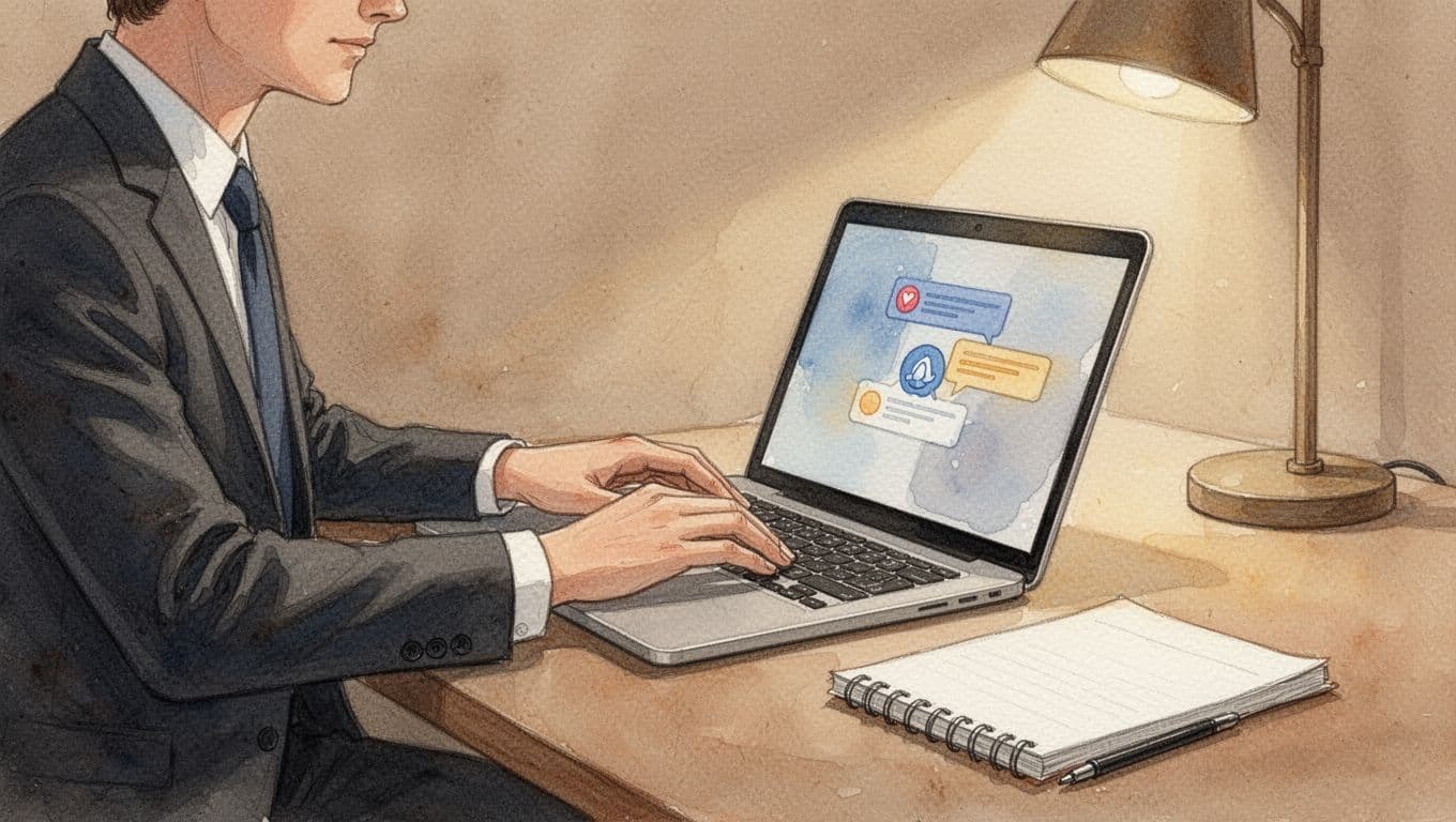 Watercolor-style illustration of a business professional at a desk typing on their personal LinkedIn profile with high engagement notifications, contrasted by an ignored company page icon, notebook nearby, warm lamp light, neutral warm tones.