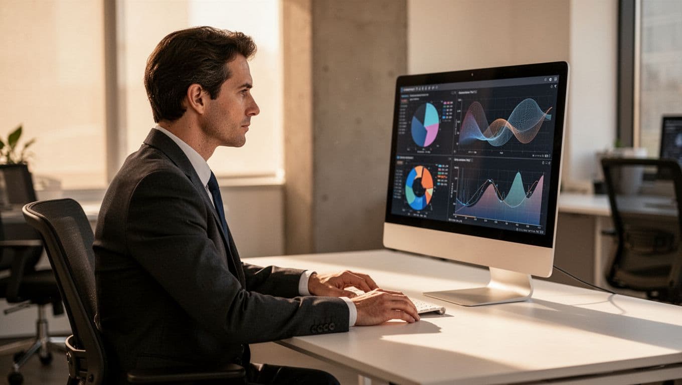 A professional in a contemporary office views a CRM dashboard on their computer screen displaying customer interaction timelines and sales data graphs, seated comfortably with hands on desk under warm lighting in realistic style.