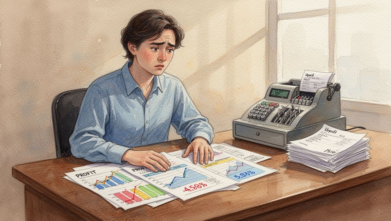 Watercolor illustration of a concerned small business owner at a desk surrounded by profit papers, an empty cash register, and unpaid bills, emphasizing the disconnect between accounting profits and actual cash flow.