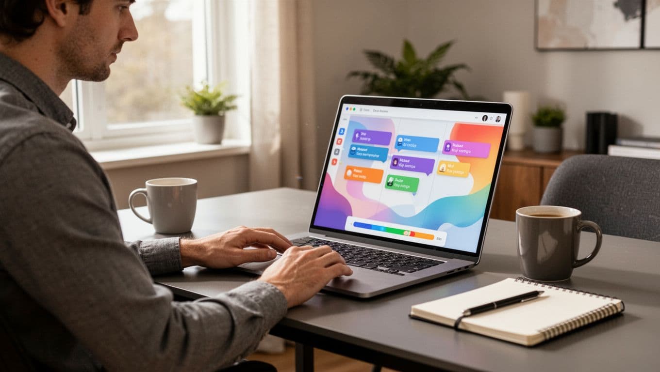A remote project manager relaxes at a modern home office desk with a laptop open to a project management dashboard featuring a Kanban board with colorful task cards in columns for planning, assigning, and tracking progress, coffee mug and notebook nearby, natural daylight.