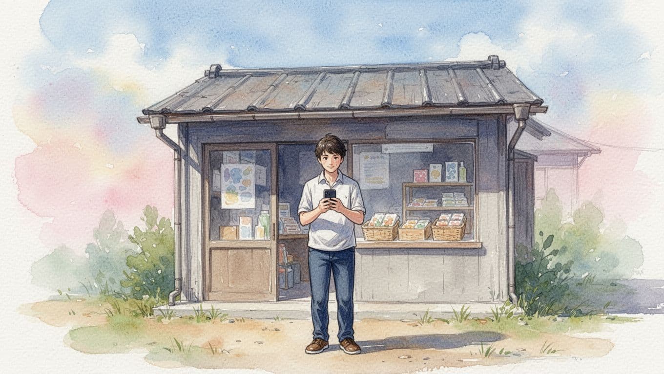 A shop owner stands outside a small storefront, naturally holding a phone to optimize their Google Business Profile for local SEO. Watercolor style with bright outdoor daylight, soft blending, visible brush texture, pale blue tones, full body view, no other people or details on phone screen.