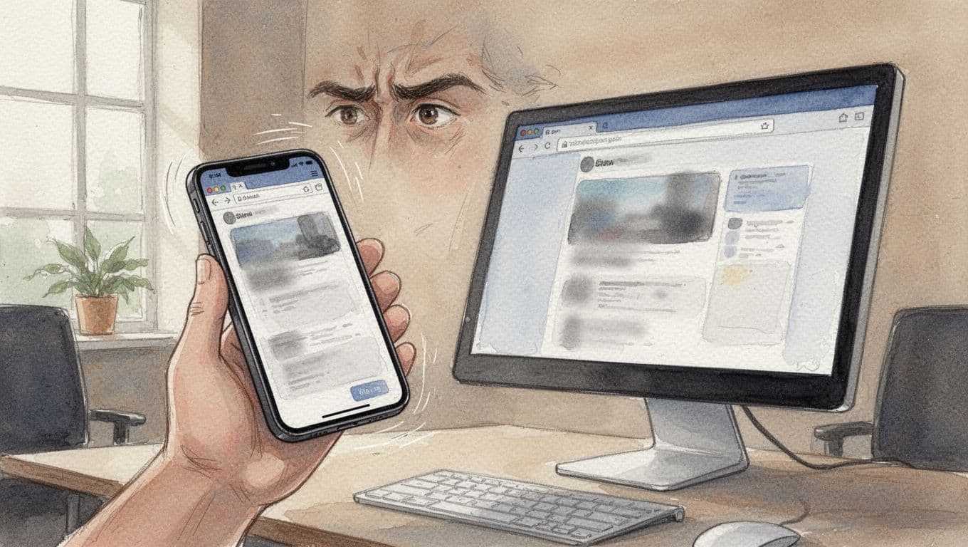 Smartphone in hand displaying a slow-loading, non-responsive website with tiny text and awkward buttons next to a desktop computer, subtle frustrated user in watercolor style.