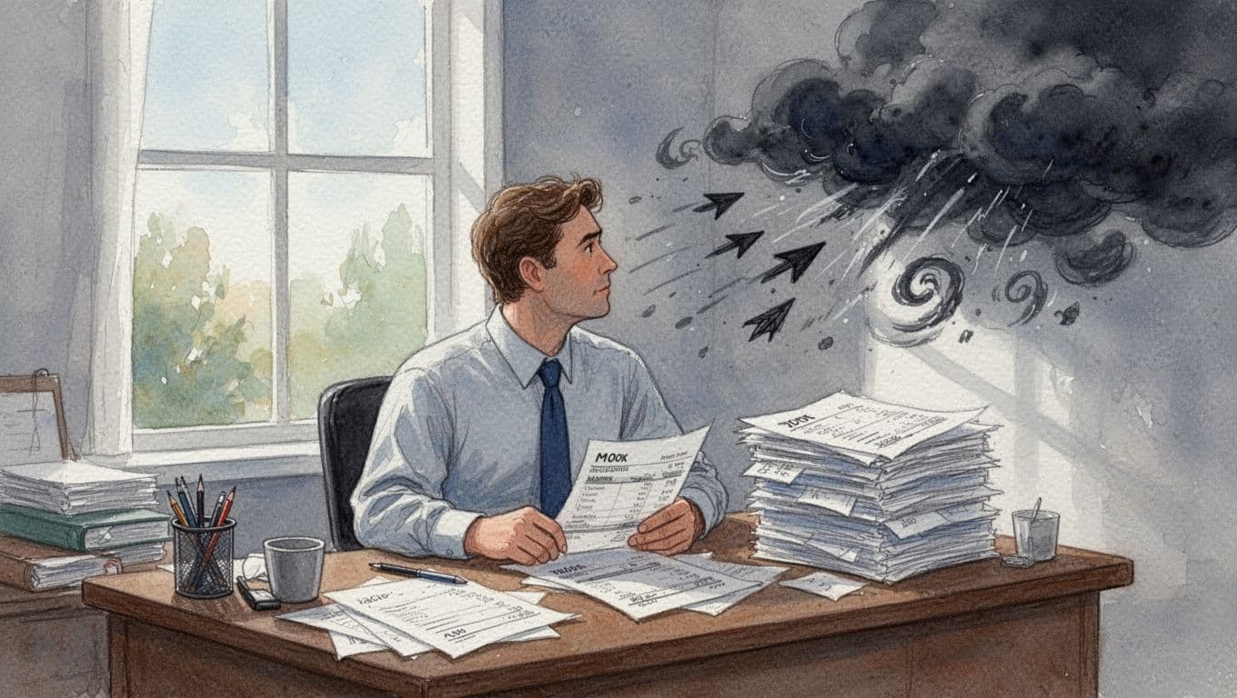 Watercolor illustration of a small business owner at a cluttered desk ignoring stacked financial reports, looking away as storm clouds symbolizing rising costs and falling sales approach from the window.
