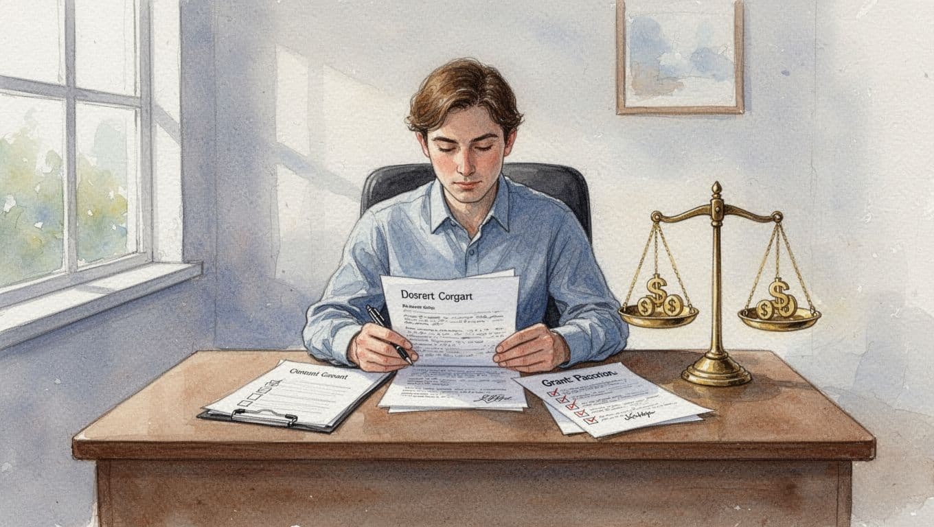 Watercolor style illustration featuring a small business owner at a desk comparing a debt contract to grant application papers and a bootstrapping checklist, with balanced scales holding cash icons, thoughtful expression in a simple daylight office.