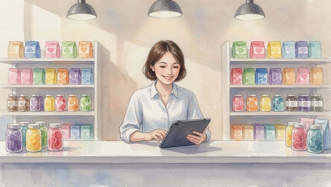 A smiling small business owner stands behind the counter in a bright shop, typing on a tablet to engage with customer inquiries, surrounded by colorful product shelves in a watercolor style with soft blending and pastel tones.