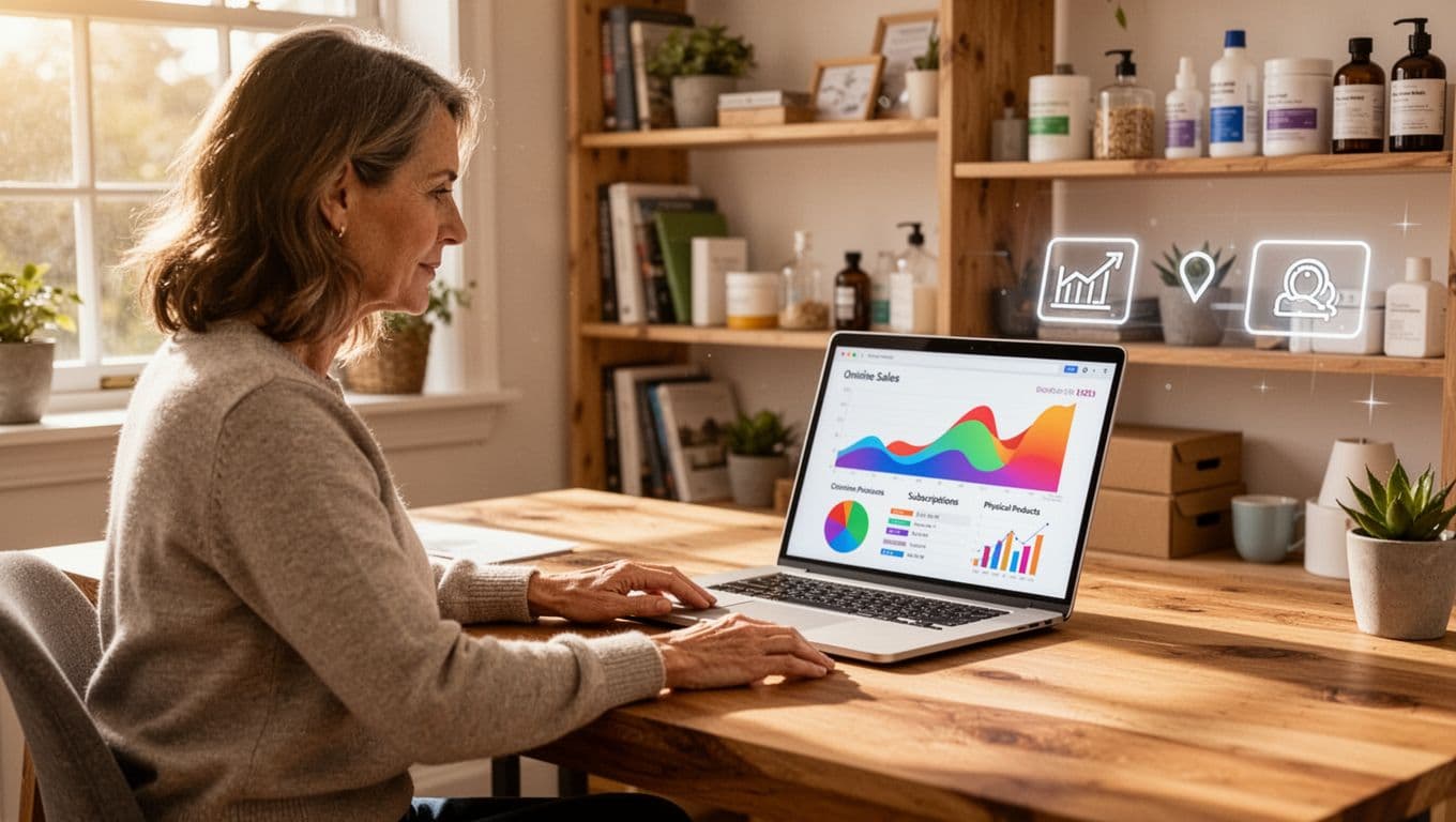 Mid-30s woman small business owner sits relaxed at wooden desk in bright home office, laptop open to dashboard with charts for online sales, subscriptions, and physical products; shelves with goods and icons nearby; natural daylight.