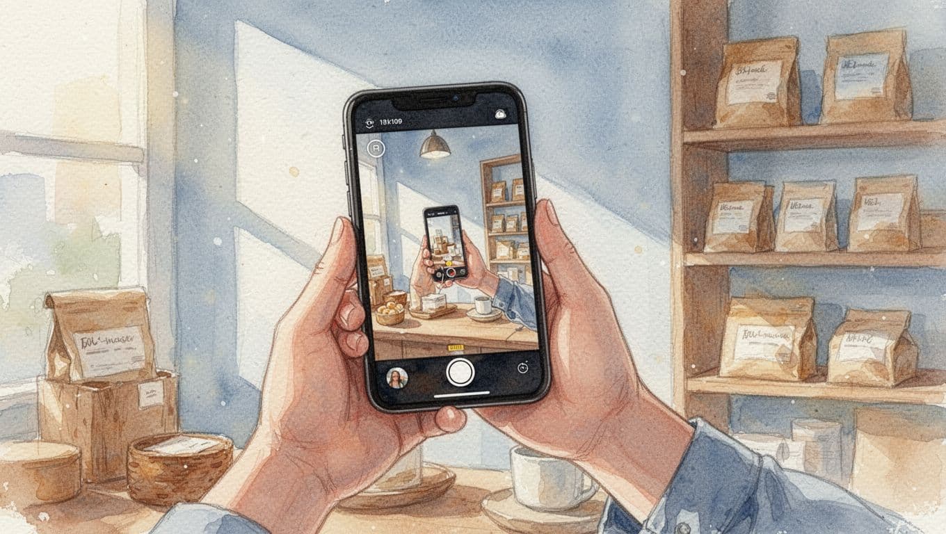 A small business owner films a short product demo video using a smartphone in a cozy shop, shown in close-up with natural hand pose, warm lighting, and watercolor style featuring soft blending and brush textures on a pale blue background.